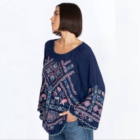 JOHNNY WAS Lina Tunic Embroidered Flowy Rayon Floral Ethereal Print Navy Size M - Picture 3 of 13